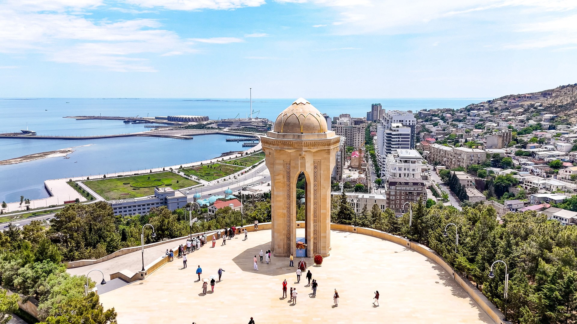 Aerial view of Shahidlar Monument and Martyr's Lane in Baku, Aerial view of Baku, the capital of the Republic of Azerbaijan, Aerial view Baku and caspian sea from the Shahidlar Monument, Panorama from Baku Panoramic View